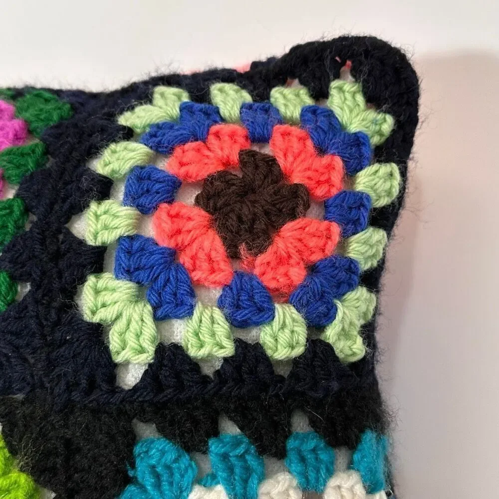 Pillow Crocheted Granny Square Colorful Decoration Black 14”x14”